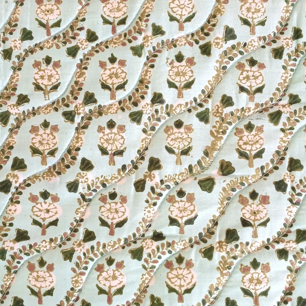 Set of 2 Silk Vintage Teal Trimmed Cream Floral Quilted 15”x 15” Pillow Shams